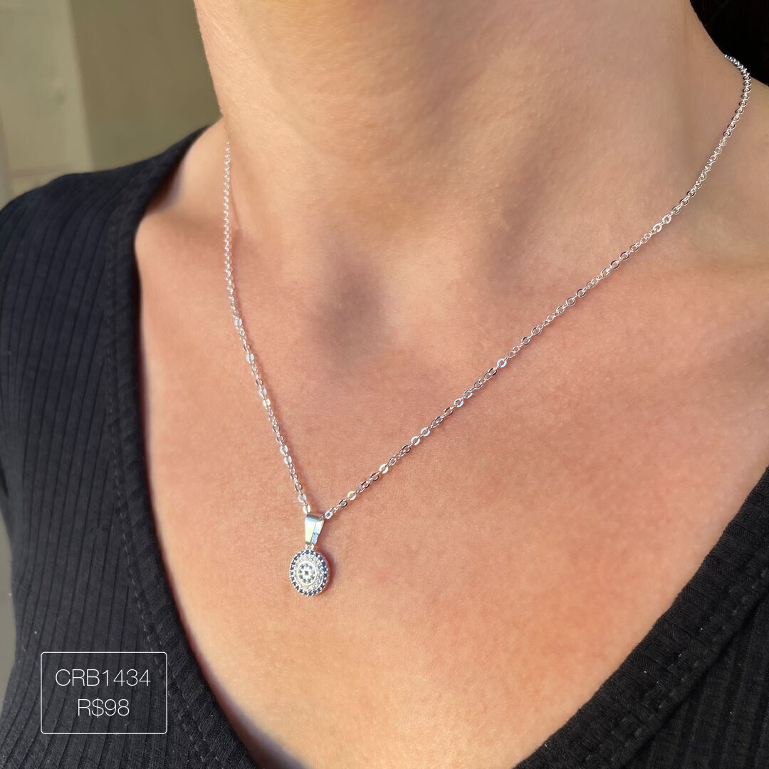 Colar de Olho Grego Redondo Cravejado Azul Prateado